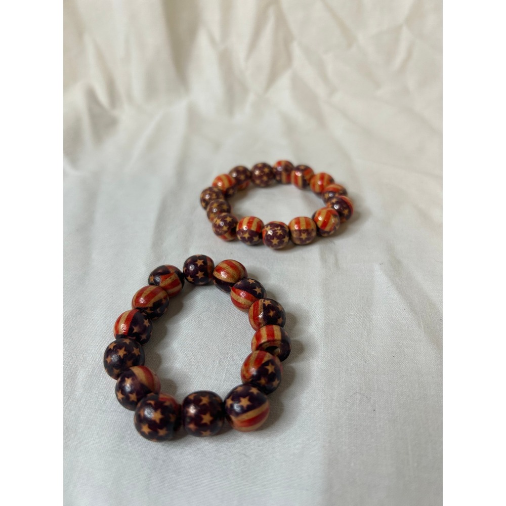 Wooden Beaded Bracelet Set Patriotic Stars & Stripes Red Brown Jewelry‎